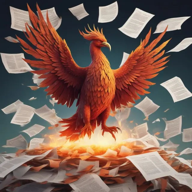 Phoenix emerging from financial documents, representing SERP
