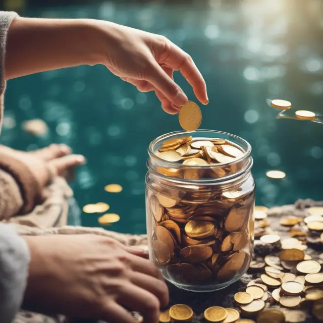 Gold coins signifying service charges and tips cascading from hands into a clear lake with labeled jars