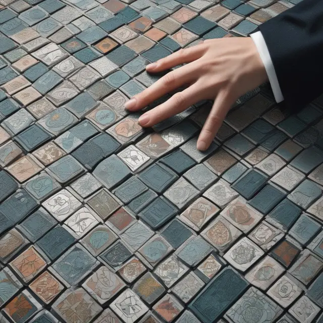 A hand exploring a mosaic of financial services tiles, unveiling hidden service charges