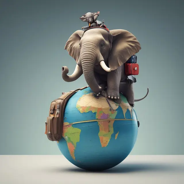 An elephant symbolizing travelers carries a backpack with fees representing airport, airline, and cruise charges on a globetrotting adventure
