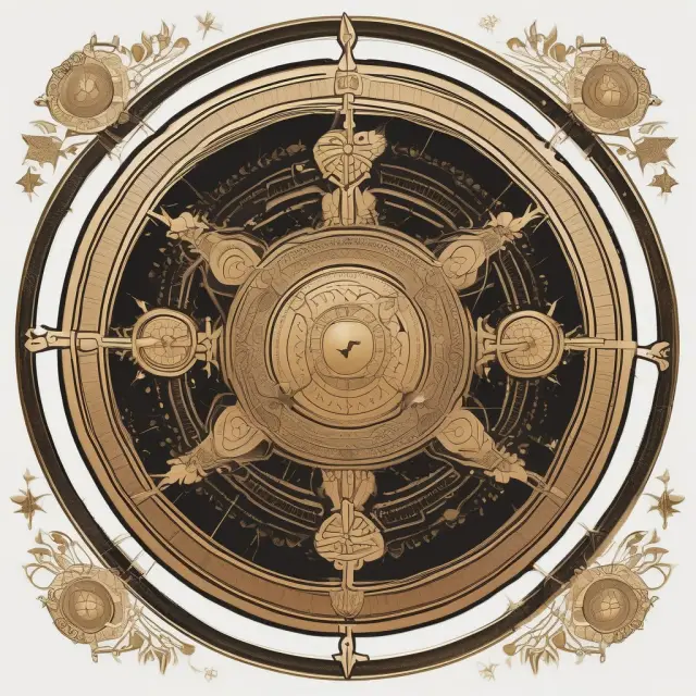 A cosmic wheel with golden scales balancing primary (agriculture), secondary (industry), and tertiary (services) sectors.
