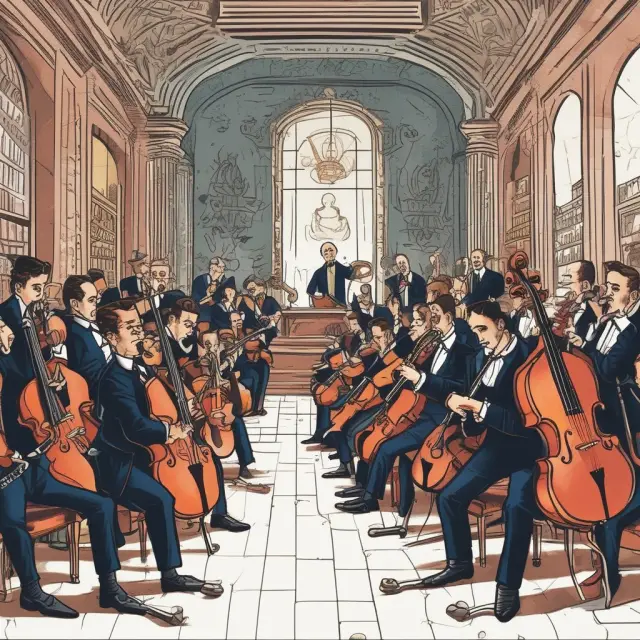 A bustling orchestra symbolizing the service sector, with various intangible goods and services as instruments