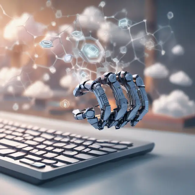Robot hand working on a cloud-shaped keyboard, representing the transformation of the service industry by technology