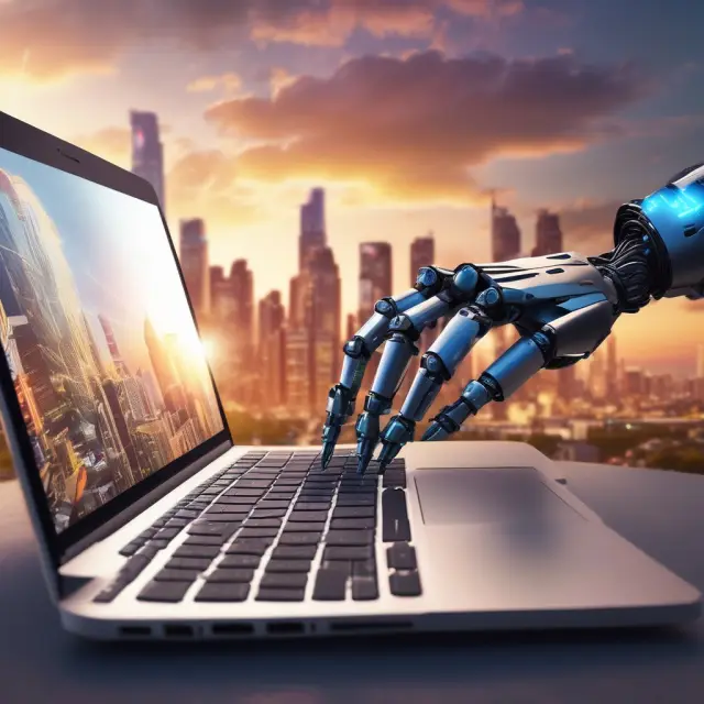 A city skyline with a sunrise backdrop as robot hands type on a laptop, representing the evolving challenges and opportunities in the service sector