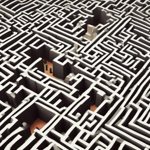 A person standing at the entrance of a complex labyrinth, contemplating their path forward involving severance pay and unemployment benefits.
