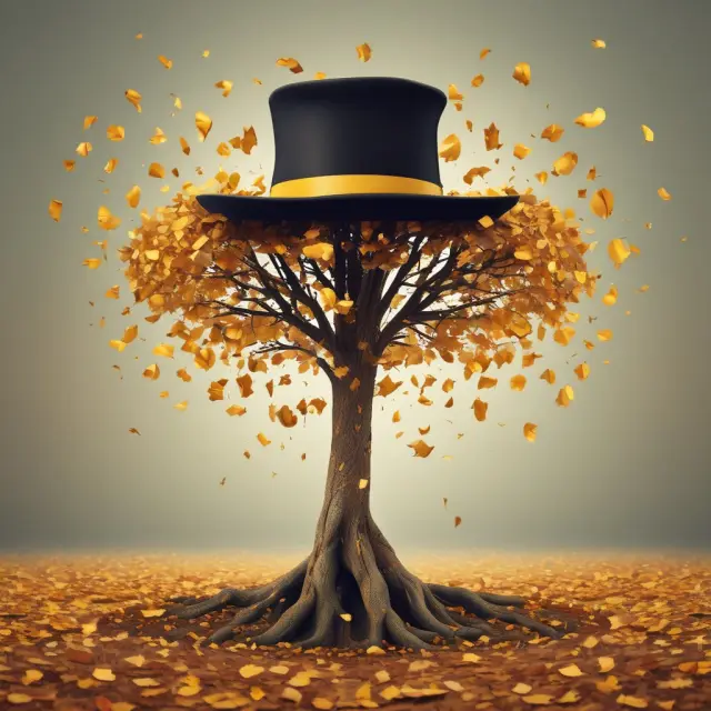 An image of a golden tree shedding leaves into a top-hat labelled