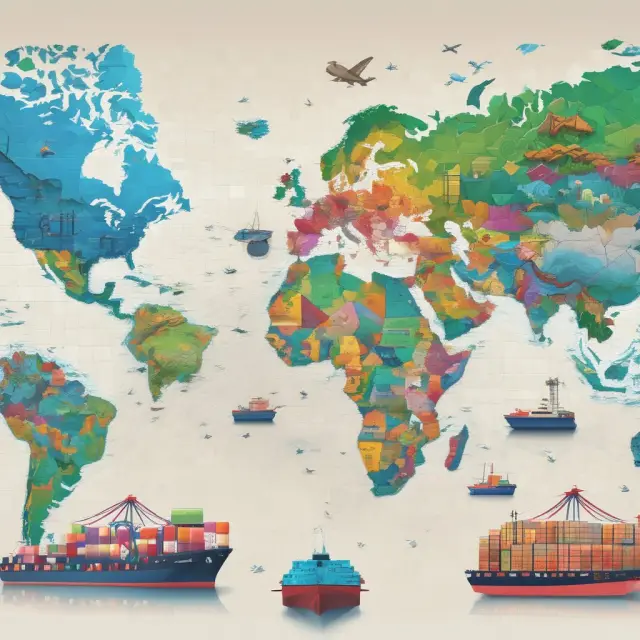 An illustration of interconnected industrial zones, export processing regions, and free trade areas forming a vibrant global marketplace.