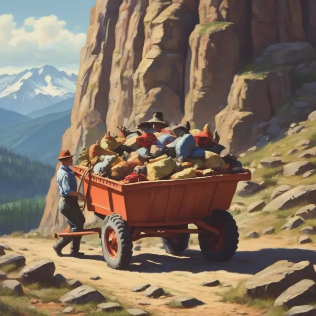 Bulls and bears transporting various SG&A expenses as they ascend a mountain, symbolizing the efforts required for effective financial management