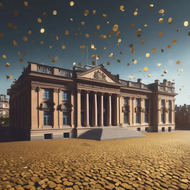 A renovated commercial building surrounded by golden coins falling gently from the sky, illustrating the concept of shadow pricing.