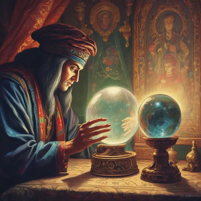 Fortune teller using a crystal ball to determine values for intangible assets in shadow pricing