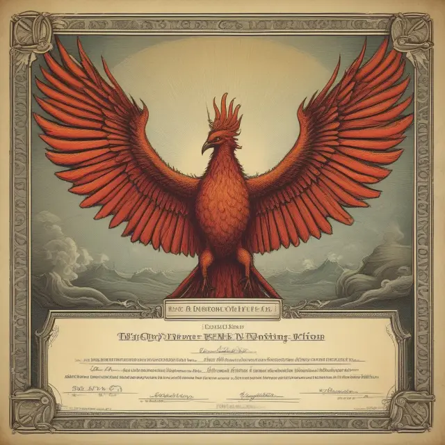 A phoenix emerging from flames, representing lost share certificates being replaced