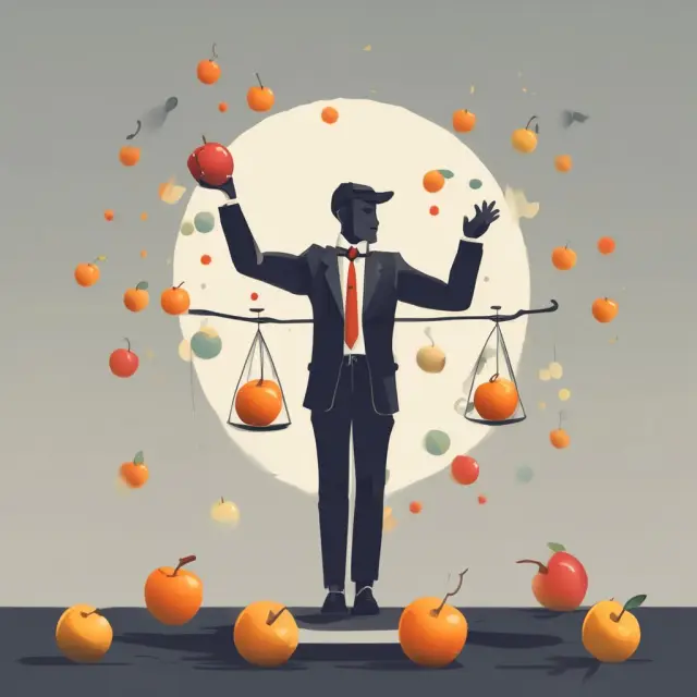 A businessman skillfully juggles apples and oranges, balancing customer offerings and expectations, while maintaining quality with a set of scales and warding off rival shadows