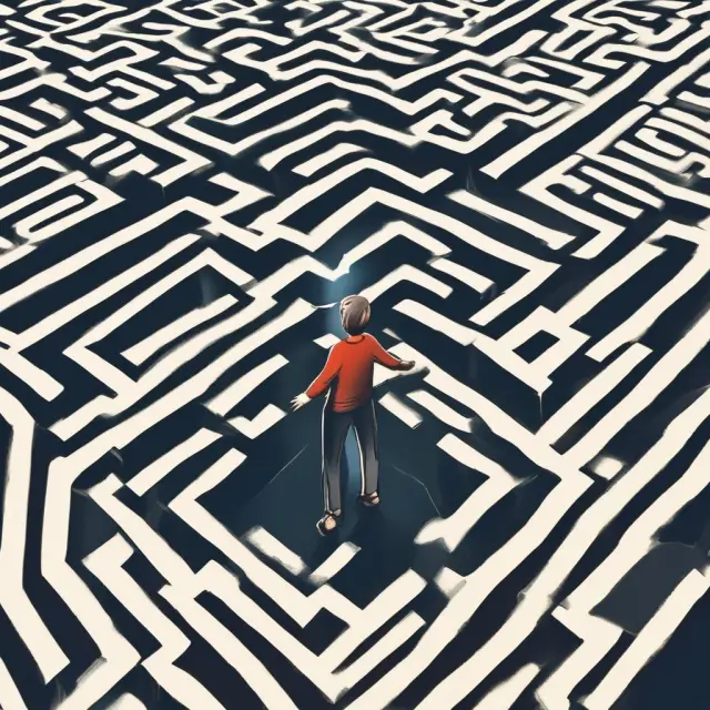 An investor examines a maze of mutual fund share classes while consulting an oracle, symbolizing the process of selecting the optimal class based on fees and performance.