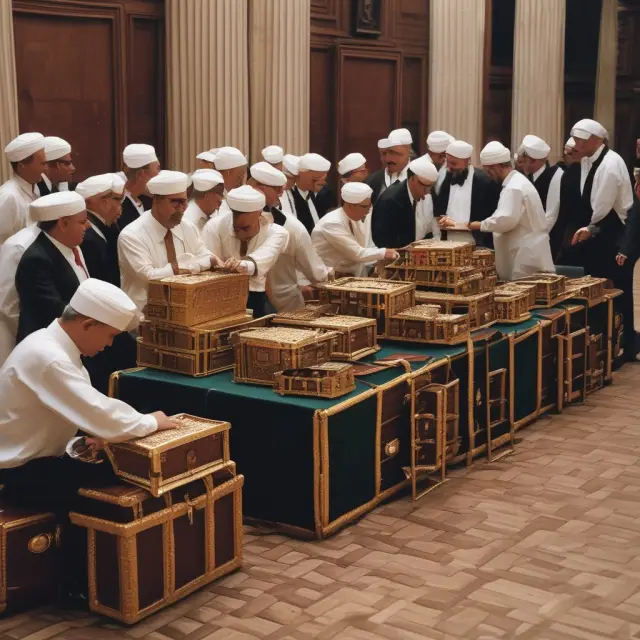 Institutional investors feasting on investment opportunities while surrounded by treasure chests representing institutional share classes