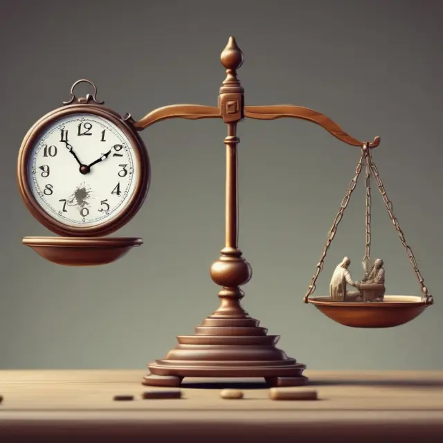 Time traveler assesses investment choices: B shares represented by a clock, A shares by a scale.