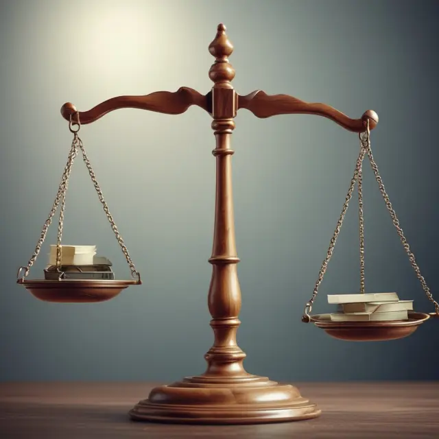 A balanced scale with assets (truck, equipment) on one side representing shareholders