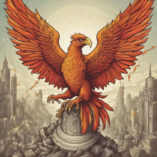 An intelligent phoenix emerging from the pages of an ancient balance sheet, emphasizing strategic investments and shareholder value maximization.