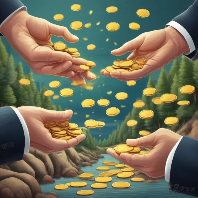 Golden coins representing cash flow flowing from a riverbank to the hands of shareholders, illustrating value creation
