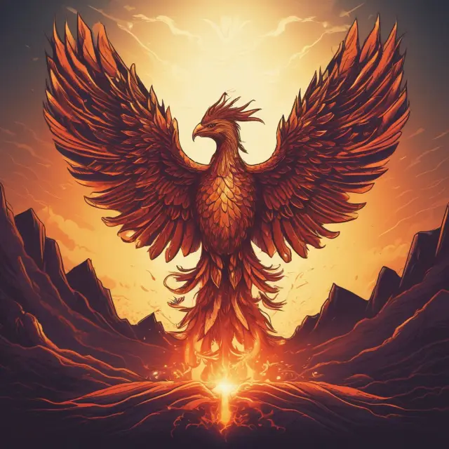 A mythical phoenix rising from a treasure chest filled with intangible assets such as patents, trademarks, copyrights, and brands