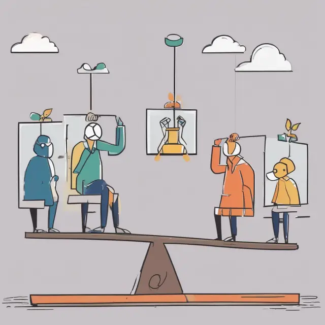 An illustration of investors exchanging equity symbols with debt symbols on a balance beam, representing the comparison between equity and debt financing in financial management.