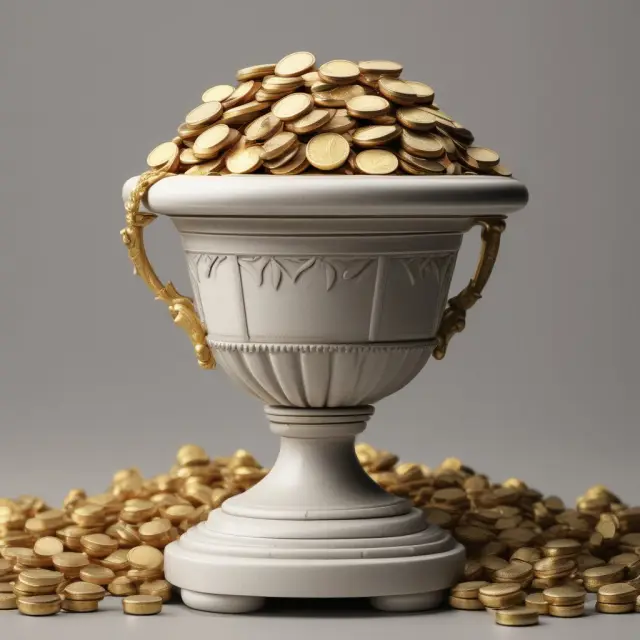 Golden urn overflowing with coins symbolizing equity shares, solid marbles representing assets, and scales for measuring against debt liabilities