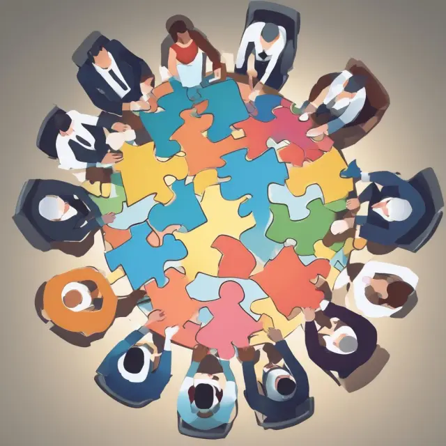A group of diverse puzzle pieces forming a complete image of a round table, representing shareholders collectively engaging in fair and collaborative decision-making processes.