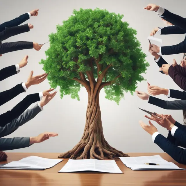 Founders and investors sitting around a table, with a tree-like contract in the center, representing the importance of shareholder agreements for startup development