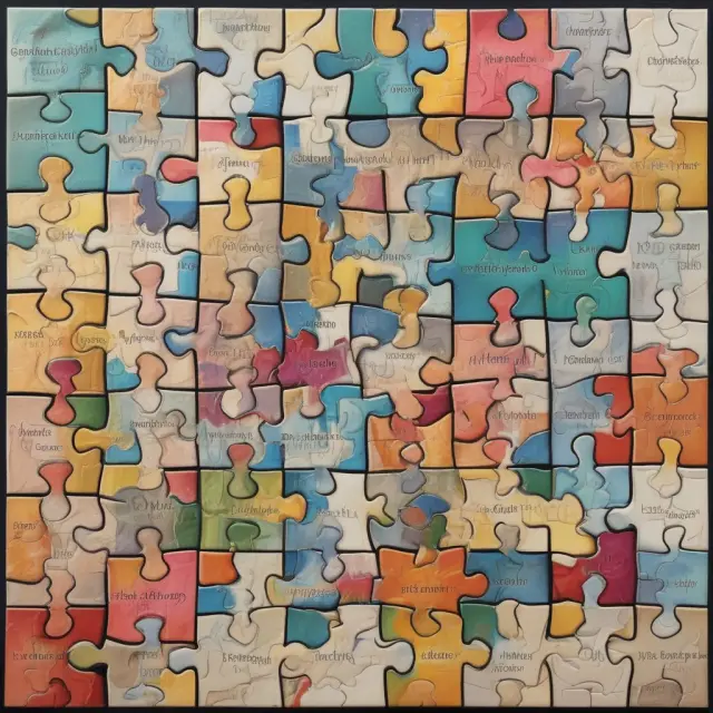 A colorful jigsaw puzzle of shareholder equity with pieces representing common stock, preferred stock, treasury shares, retained earnings, and unrealized gains/losses.