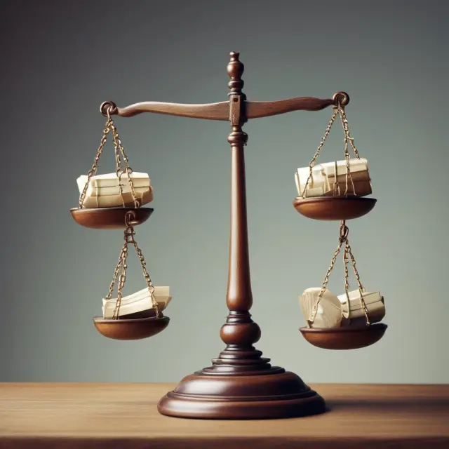 An ancient balance scale teeters between two pans representing assets and liabilities, with shareholder equity determining the outcome.