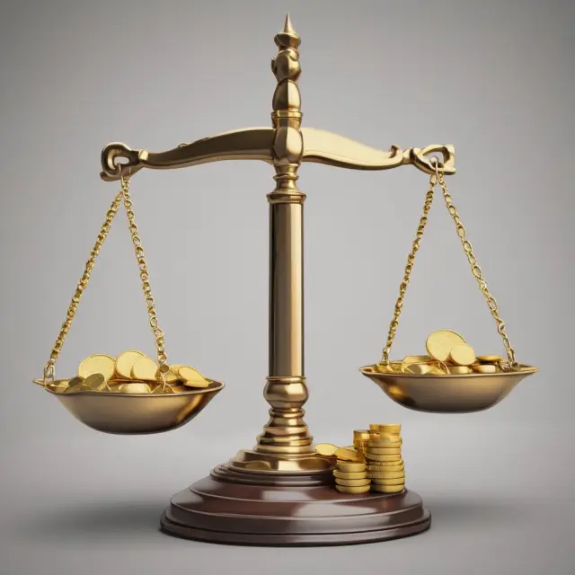 Golden scales with net profit, EBIT, ROI, and SVA coins to represent various financial measures for evaluating company value.