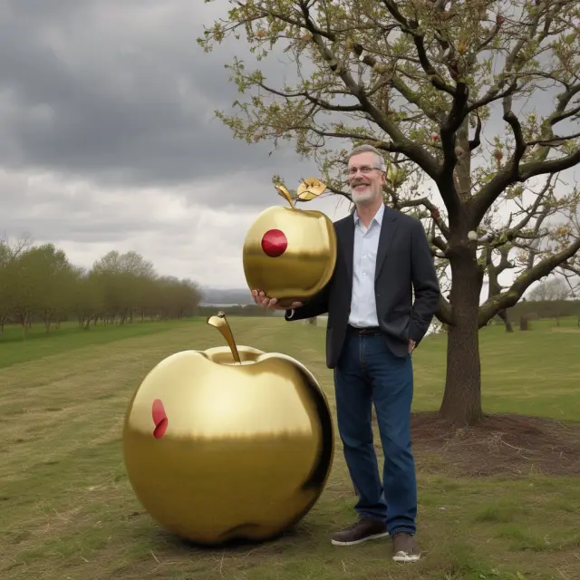 Apple engaging in share repurchases during economic uncertainty, illustrated by giant figures buying golden apples
