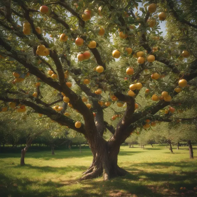 An apple tree laden with golden apples symbolizing Apple