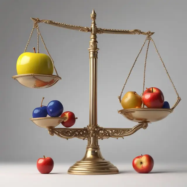 A balanced scale with golden apples for common shares and precious stones for preferred shares, symbolizing their differences in growth potential and stability.