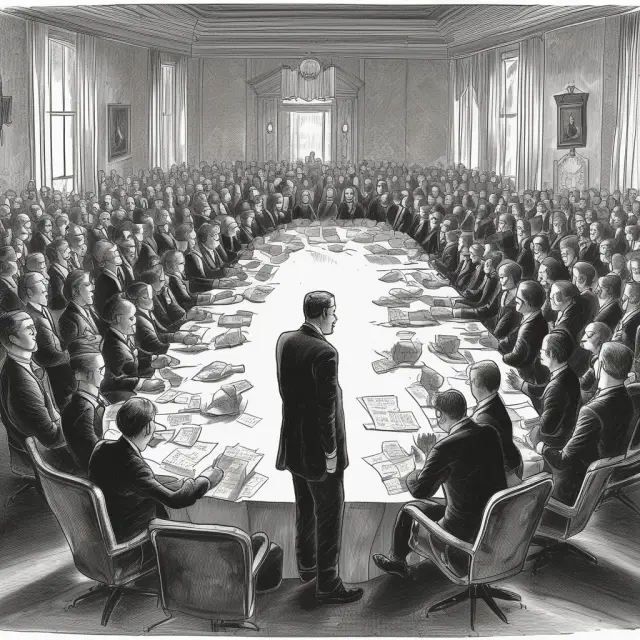 Shareholders discussing corporate decisions at the annual meeting table, illustrating voting rights and activism