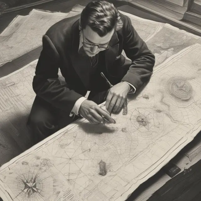 William Sharpe calculating components (portfolio return, risk-free rate, and standard deviation) of Sharpe Ratio on a treasure map.