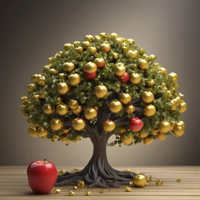 A golden apple falling from the branches of a tree, signifying calculating the Sharpe ratio for an investment portfolio, with volatility represented as ripples in water