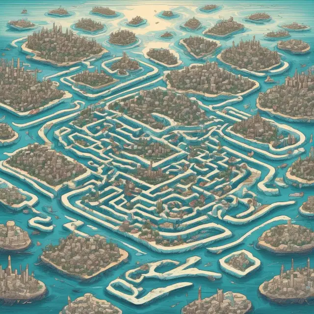 A maze of islands symbolizing offshore financial centers, where shell corporations navigate complex waters to minimize taxes