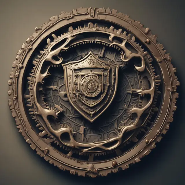 A protective shield made of interlocking gears and scales, representing the Sherman Antitrust Act