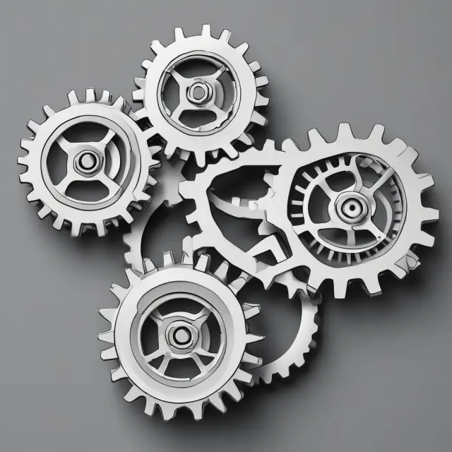 Three interconnected gears represent the three sections of the Sherman Antitrust Act: monopolization (Section 1), anticompetitive practices (Section 2), and uniform application (Section 3).