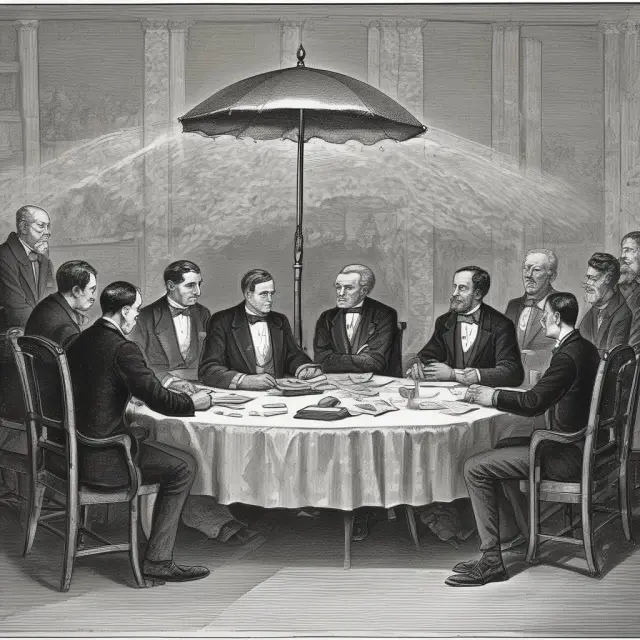 A breaking table symbolizing monopolies being dismantled, with diverse competitors emerging beneath the protective banner of the Sherman Antitrust Act.
