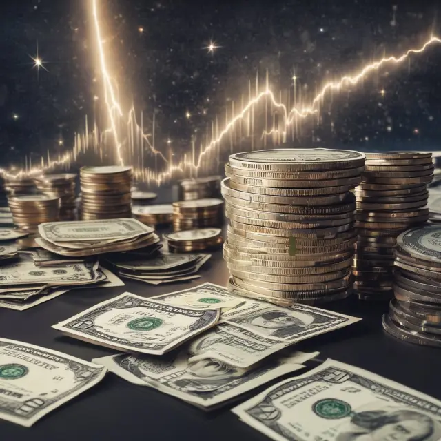 A night sky with shooting stars appearing over various market landscapes - stocks, bonds, currencies, and commodities.