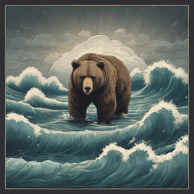 A bear sailing in stormy waters evaluates market conditions, timing, and risk tolerance before continuing its journey