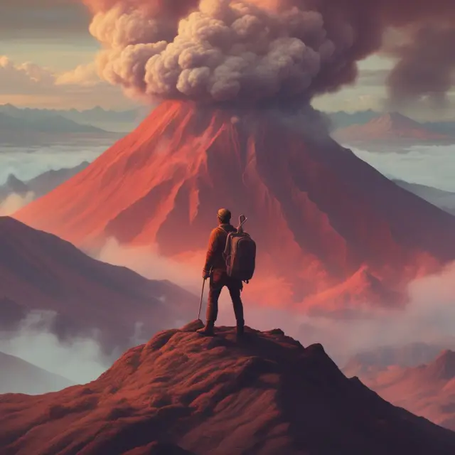 Trader managing risk in short calls: Volcano represents market conditions; trader stands atop with tools for stop loss orders, diversification, and hedging.