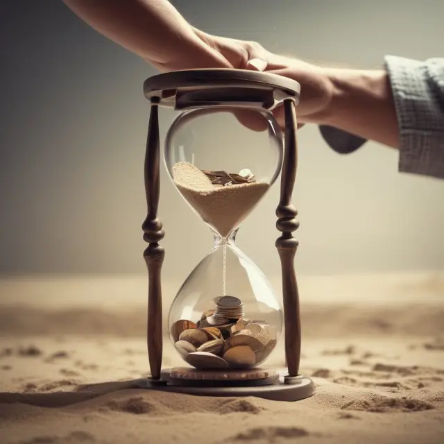 Writer releasing coins representing short put premiums into an hourglass, depicting income generation and time management in options trading.