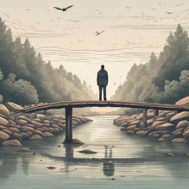 An investor on a bridge over a stock river, selling short puts and collecting premiums while managing risk with portfolio diversification, implied volatility strategies