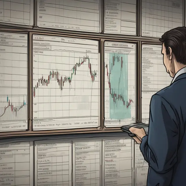 An investor studying a mirror reflection of a tumultuous stock chart while holding a red short selling indicator
