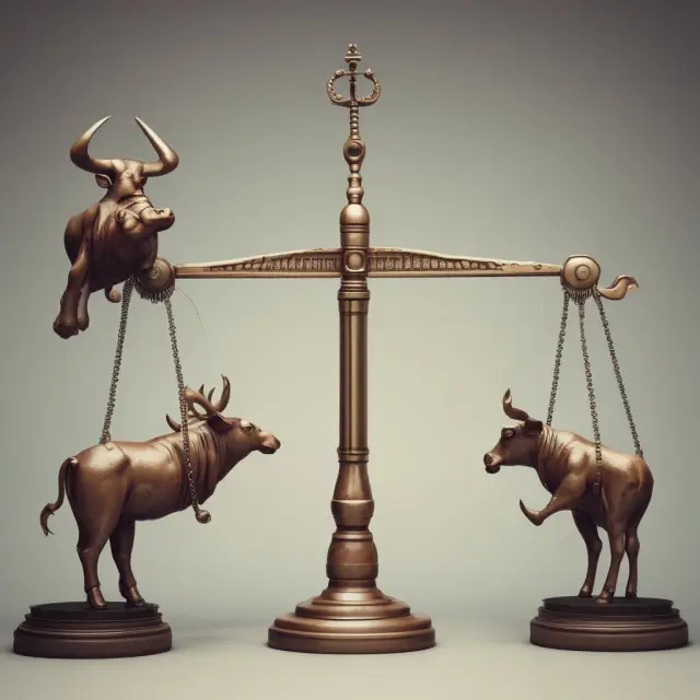 A bull and bear on a scale represent going long (buying) and short selling. Margin account essential for both strategies.