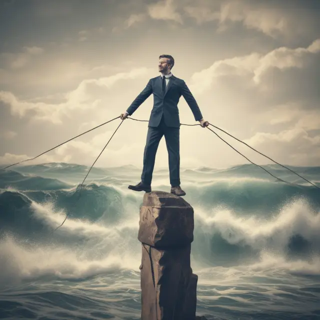 A short seller poised on a tightrope amidst stormy market waves, symbolizing the balance between risk and thorough research in short selling.