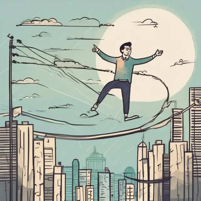 A short seller balancing on a tightrope between rising and falling stock graphs, symbolizing the potential rewards and risks of short selling.