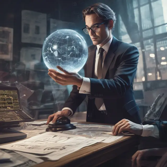 Short seller contemplating market trends using a crystal ball, emphasizing short selling